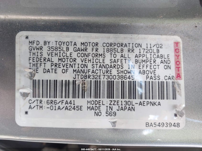 2003 Toyota Corolla VIN JTDBR32E730038645 IAAI salvage auction — FRONT END, Salvage (Ohio), sold $400 on 2026-07-30 (photo 9)