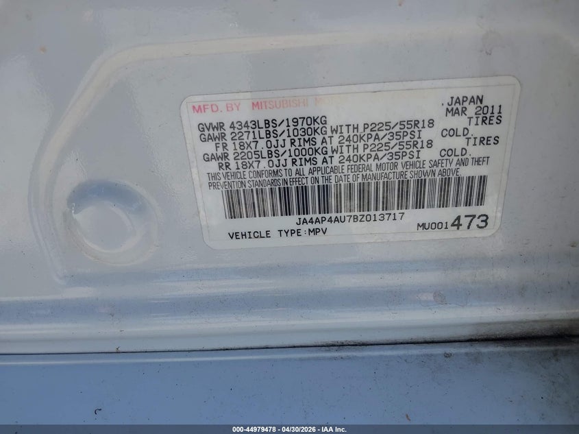 2011 Mitsubishi Outlander VIN JA4AP4AU7BZ013717 IAAI salvage auction — UNKNOWN, Salvage (Kentucky), sold $350 on 2026-07-11 (photo 9)