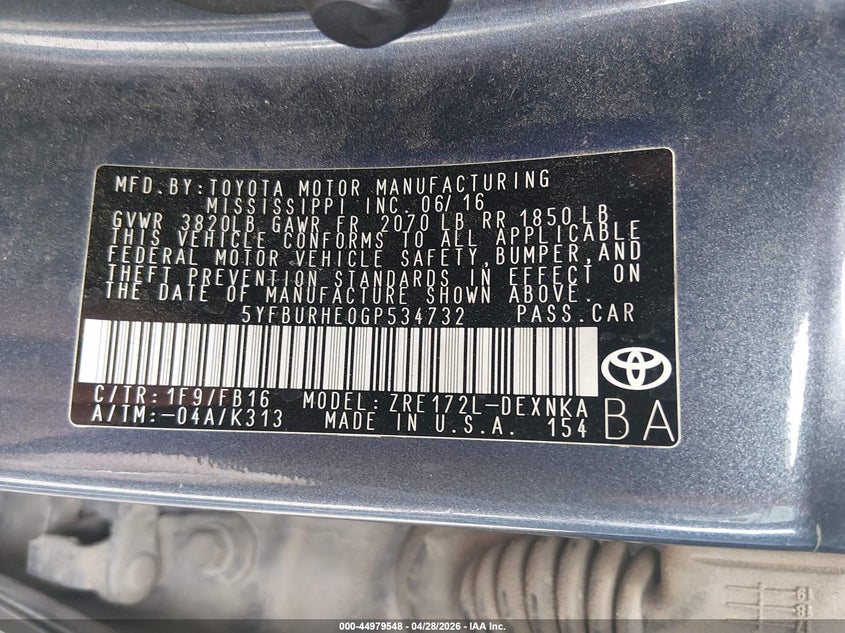 2016 Toyota Corolla VIN 5YFBURHE0GP534732 IAAI salvage auction — HAIL, Salvage Title, sold $1,550 on 2026-07-31 (photo 9)