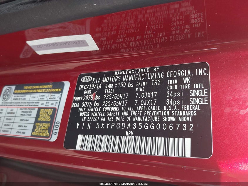 2016 Kia Sorento VIN 5XYPGDA35GG006732 IAAI salvage auction — HAIL, Salvage (Iowa), sold $1,450 on 2026-07-20 (photo 9)
