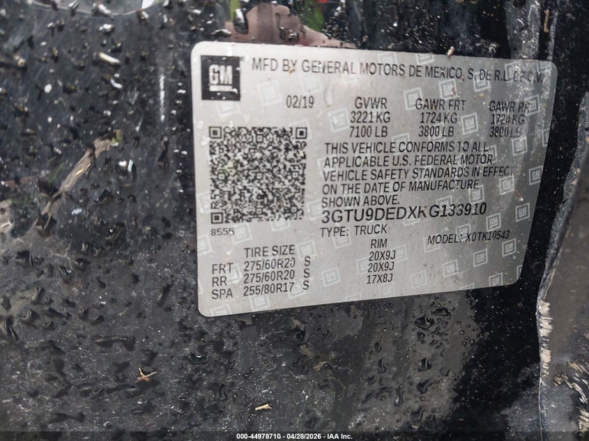 2019 Gmc SIERRA VIN 3GTU9DEDXKG133910 IAAI salvage auction — ROLLOVER, Salvage Title, sold $2,100 on 2026-07-09 (photo 9)