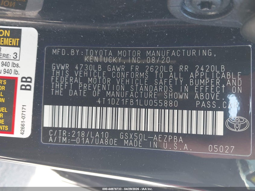 2020 Toyota Avalon VIN 4T1DZ1FB1LU055880 IAAI salvage auction — LEFT SIDE, Salvage (Oregon), sold $12,100 on 2026-07-09 (photo 9)
