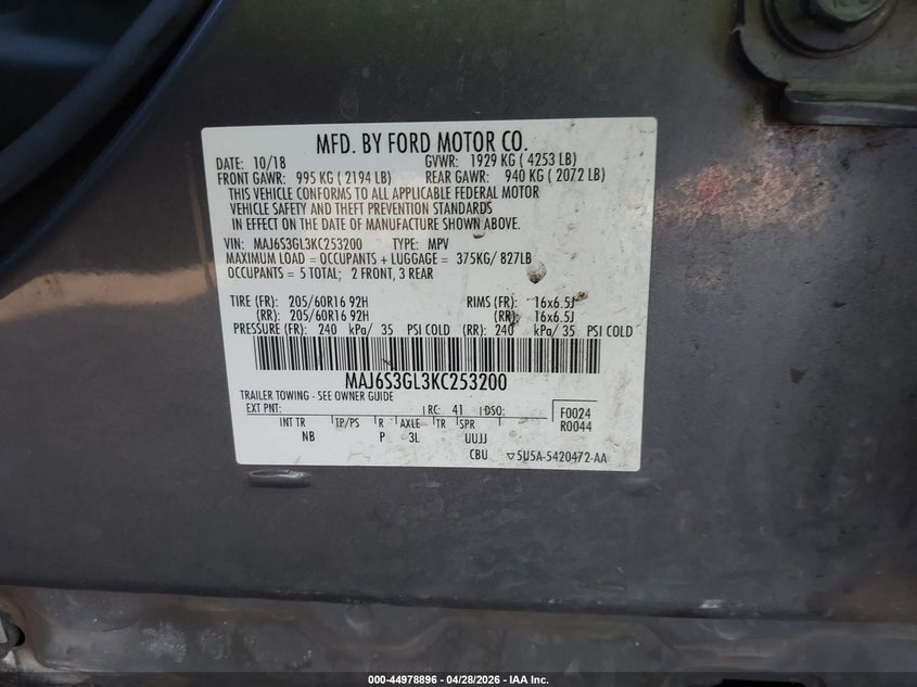 2019 Ford Ecosport VIN MAJ6S3GL3KC253200 IAAI salvage auction — LEFT & RIGHT, Salvage Title, sold $1,100 on 2026-07-13 (photo 9)