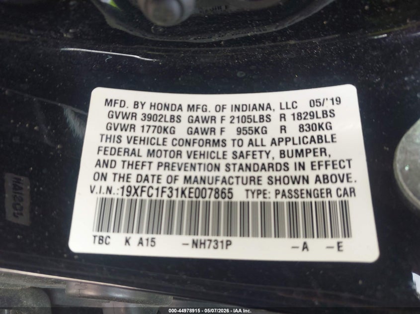 2019 Honda Civic VIN 19XFC1F31KE007865 IAAI salvage auction — HAIL, Salvage (Ohio), sold $25 on 2026-07-12 (photo 9)
