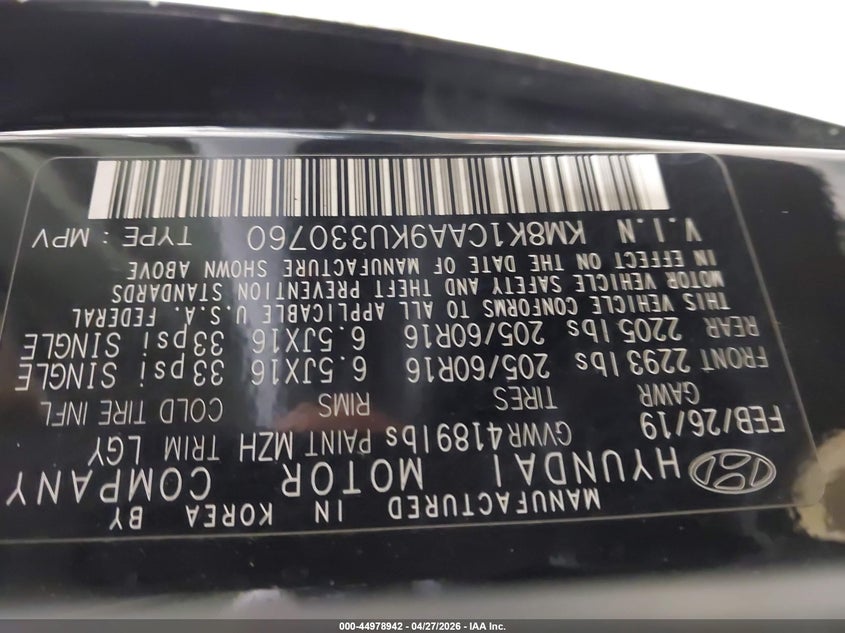 2019 Hyundai Kona VIN KM8K1CAA9KU330760 IAAI salvage auction — FRONT END, Salvage Title, sold $25 on 2026-07-24 (photo 9)