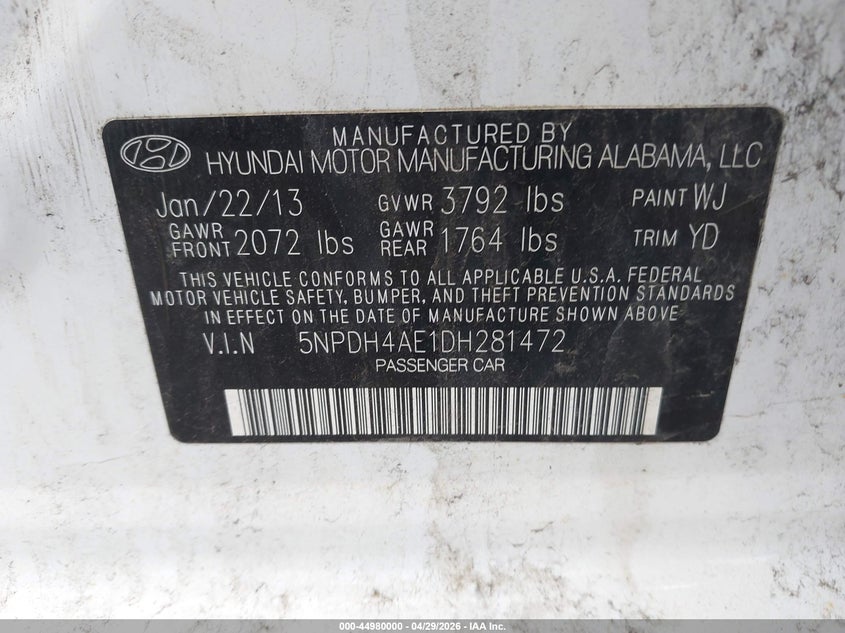 2013 Hyundai Elantra VIN 5NPDH4AE1DH281472 IAAI salvage auction — THEFT, Clear (Michigan), sold $825 on 2026-07-23 (photo 9)
