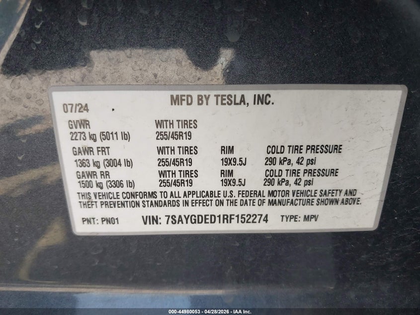 2024 Tesla Model y VIN 7SAYGDED1RF152274 IAAI salvage auction — FRONT END, Salvage (Texas), sold $11,550 on 2026-07-16 (photo 9)