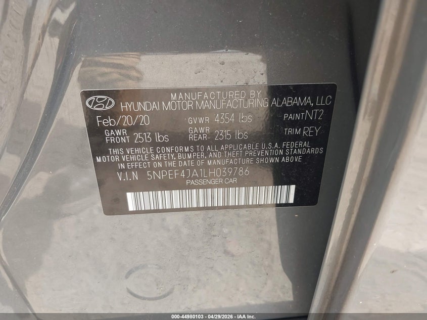2020 Hyundai Sonata VIN 5NPEF4JA1LH039786 IAAI salvage auction — ALL OVER, Salvage Title, sold $25 on 2026-07-21 (photo 9)