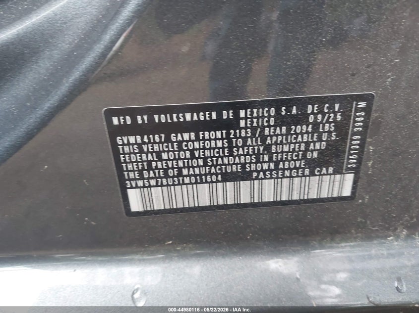2026 Volkswagen Jetta VIN 3VW5W7BU3TM011604 IAAI salvage auction — REAR END, Salvage (Virginia), sold $7,100 on 2026-09-07 (photo 9)