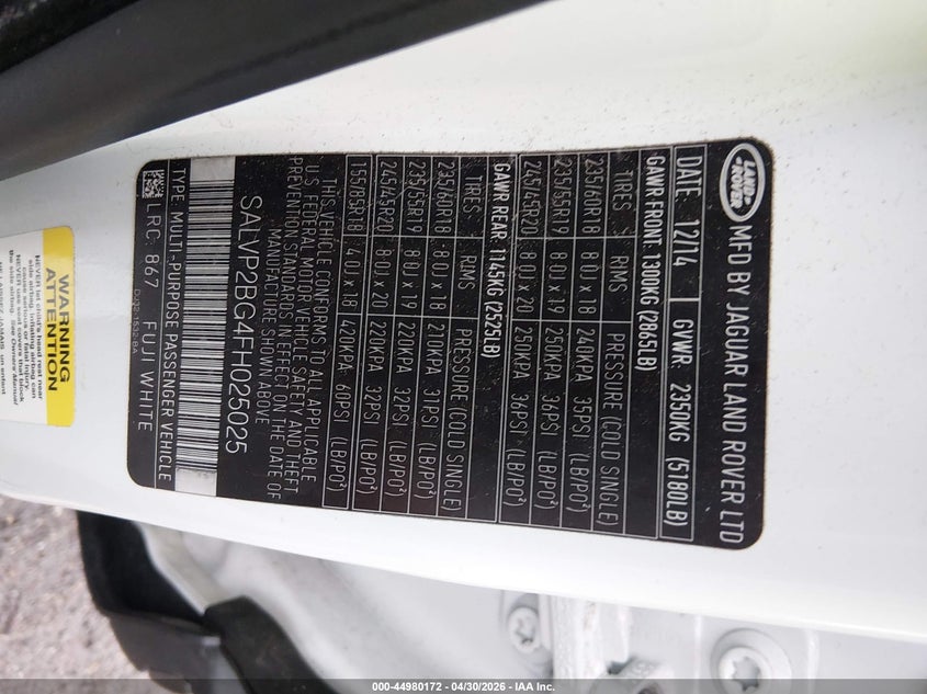 2015 Land rover Range rover evoque VIN SALVP2BG4FH025025 IAAI salvage auction — RIGHT SIDE, Salvage (Massachusetts), sold $1,650 on 2026-07-31 (photo 9)