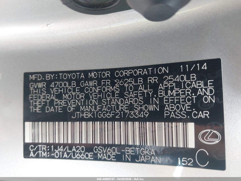 2015 Lexus ES VIN JTHBK1GG6F2173349 IAAI salvage auction — FRONT END, Salvage Title, sold $1,900 on 2026-07-21 (photo 9)