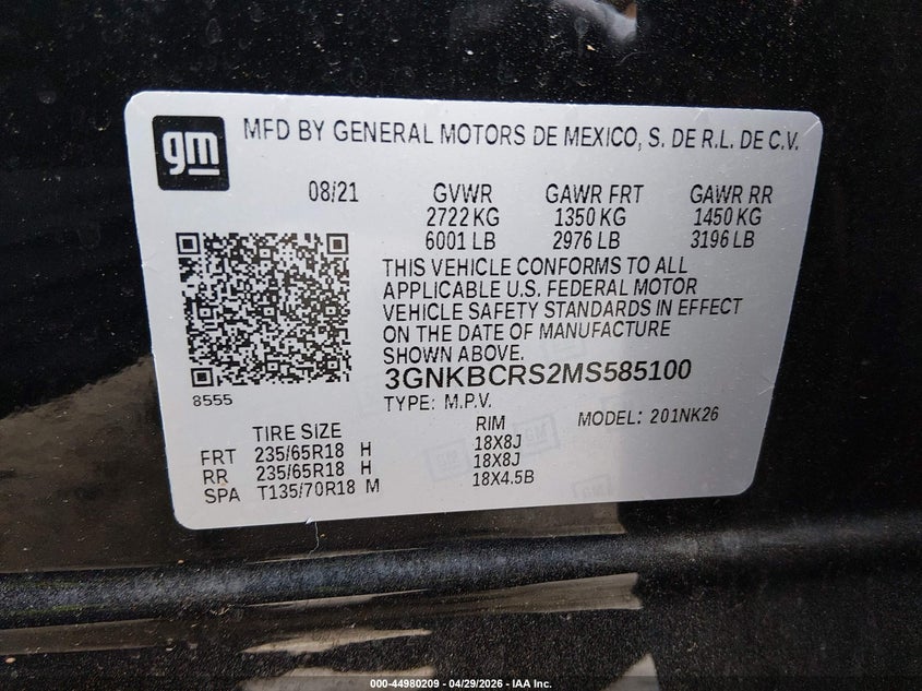 2021 Chevrolet Blazer VIN 3GNKBCRS2MS585100 IAAI salvage auction — FRONT END, Salvage Title, sold $1,600 on 2026-07-26 (photo 9)