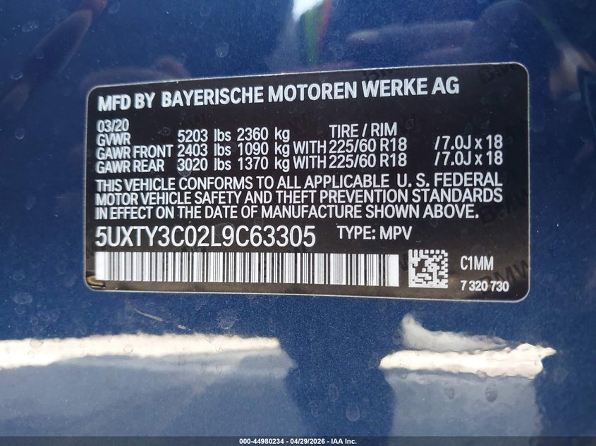 2020 BMW X3 VIN 5UXTY3C02L9C63305 IAAI salvage auction — FRONT END, Salvage (Arizona), sold $5,725 on 2026-07-07 (photo 9)