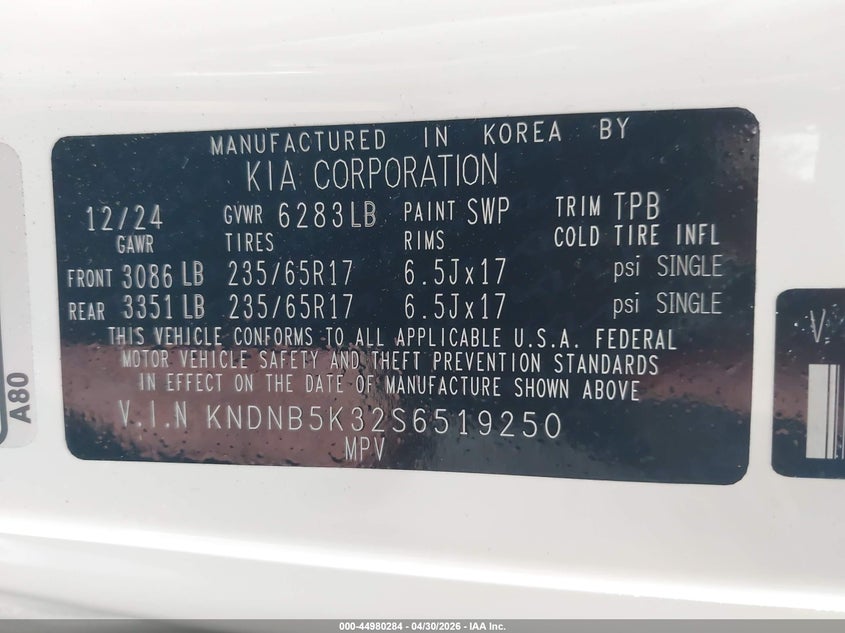 2025 Kia VIN KNDNB5K32S6519250 IAAI salvage auction — FRONT END, Salvage (Idaho), sold $10,950 on 2026-07-14 (photo 9)