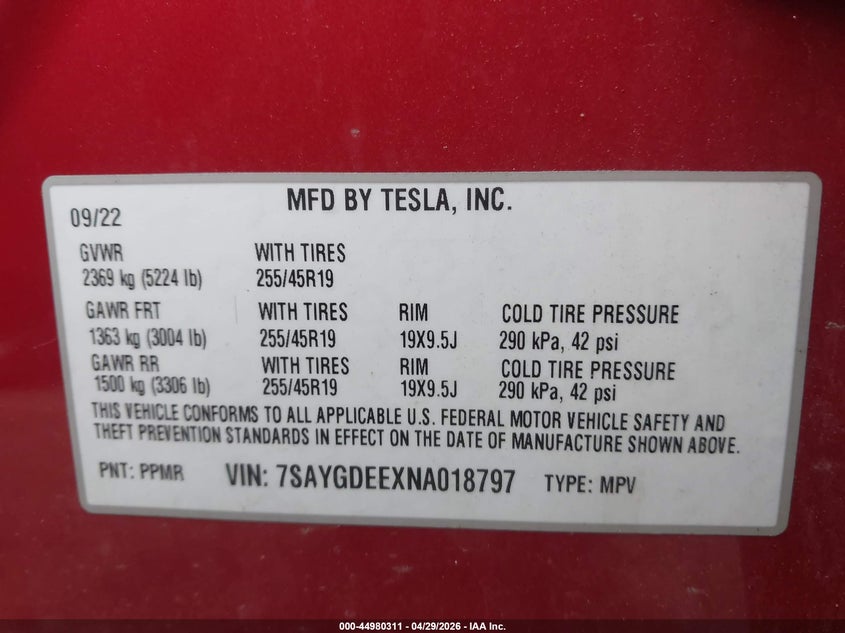 2022 Tesla Model y VIN 7SAYGDEEXNA018797 IAAI salvage auction — RIGHT FRONT, Salvage Title, sold $10,700 on 2026-07-16 (photo 9)