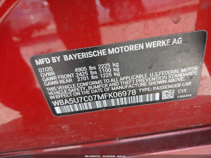 2021 BMW 3er VIN WBA5U7C07MFK06978 IAAI salvage auction — FRONT & REAR, Salvage (California), sold $12,150 on 2026-07-13 (photo 9)