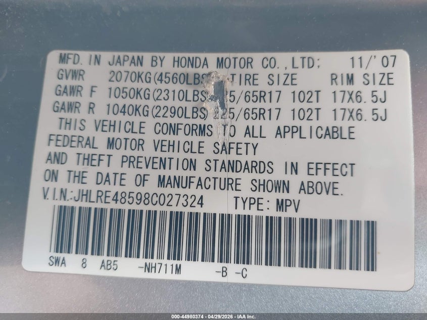 2008 Honda Cr-v VIN JHLRE48598C027324 IAAI salvage auction — FRONT END, Salvage (Wyoming), sold $175 on 2026-07-22 (photo 9)