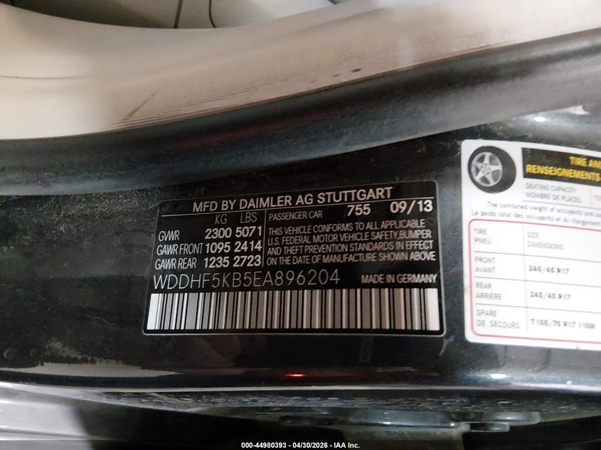 2014 Mercedes-benz E-klasse VIN WDDHF5KB5EA896204 IAAI salvage auction — HAIL, Salvage (Iowa), sold $4,500 on 2026-07-28 (photo 9)
