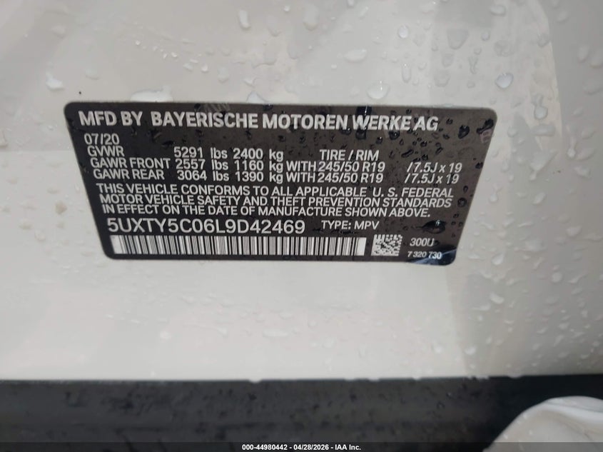 2020 BMW X3 VIN 5UXTY5C06L9D42469 IAAI salvage auction — FRONT END, Salvage Title, sold $13,250 on 2026-07-07 (photo 9)