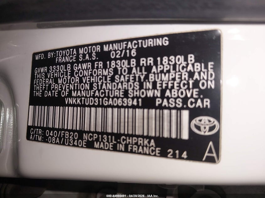2016 Toyota Yaris VIN VNKKTUD31GA063941 IAAI salvage auction — FRONT END, Salvage Title, sold $1,300 on 2026-07-10 (photo 9)