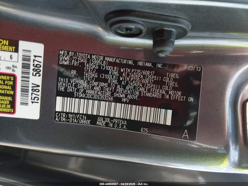 2013 Toyota Sienna VIN 5TDKK3DC3DS353246 IAAI salvage auction — WATER/FLOOD, Rebuildable (Florida), sold $1,400 on 2026-07-16 (photo 9)