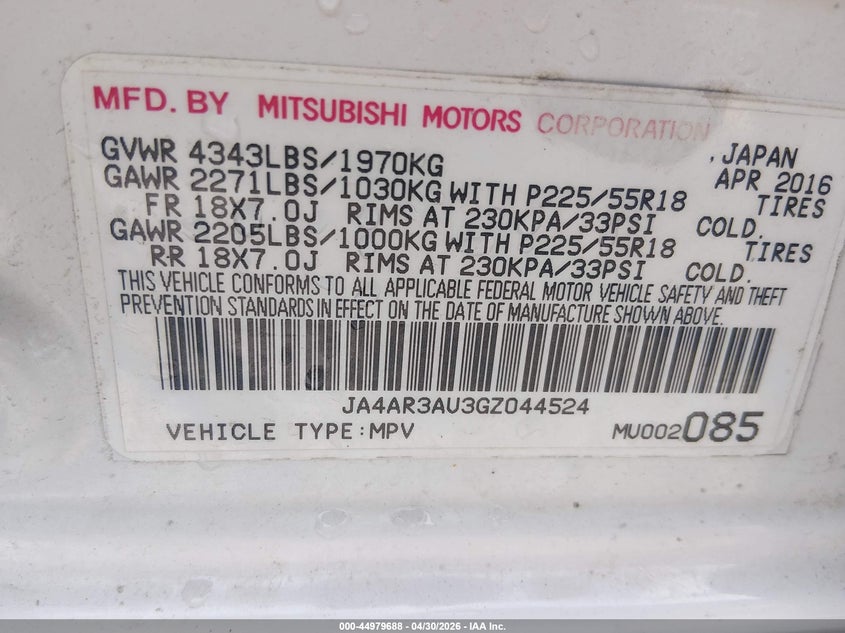 2016 Mitsubishi Outlander sport VIN JA4AR3AU3GZ044524 IAAI salvage auction — FRONT END, Salvage (Missouri), sold $1,575 on 2026-07-24 (photo 9)