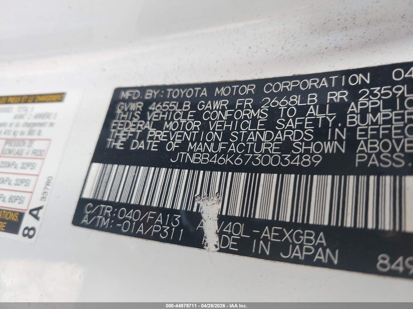 2007 Toyota Camry hybrid VIN JTNBB46K673003489 IAAI salvage auction — FRONT & REAR, Bill Of Sale (New York), sold $425 on 2026-07-14 (photo 9)