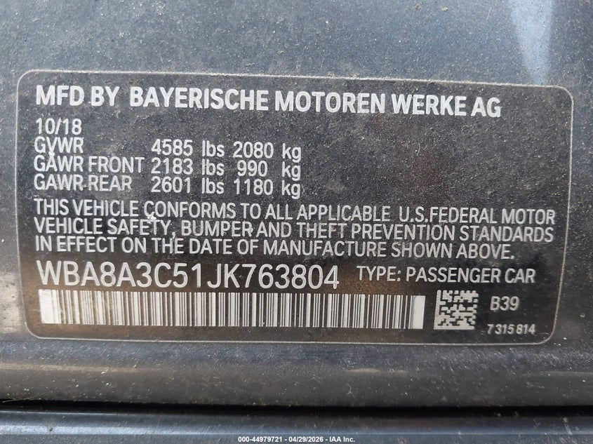 2018 BMW 3er VIN WBA8A3C51JK763804 IAAI salvage auction — FRONT END, Mv-907A (New York), sold $2,400 on 2026-07-24 (photo 9)