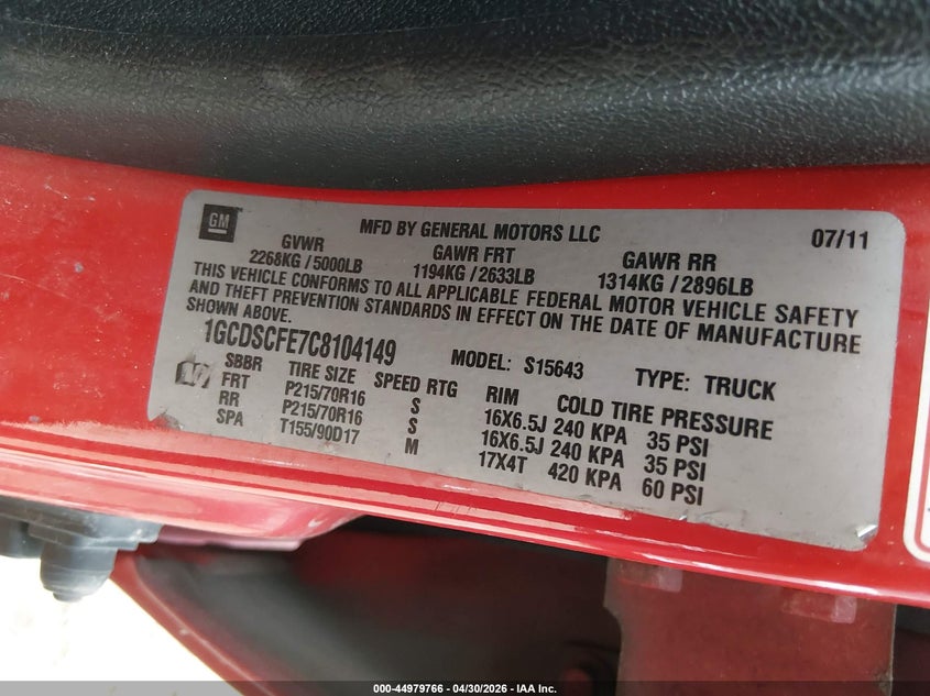 2012 Chevrolet Colorado VIN 1GCDSCFE7C8104149 IAAI salvage auction — FRONT END, Salvage (Illinois), sold $550 on 2026-07-09 (photo 9)