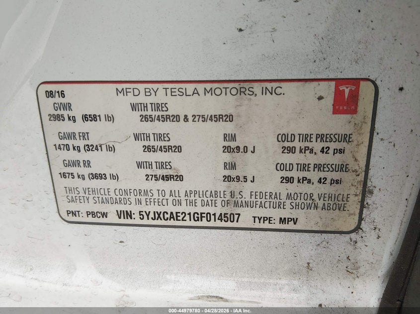 2016 Tesla Model x VIN 5YJXCAE21GF014507 IAAI salvage auction — SIDE, Bill Of Sale (Washington), sold $6,100 on 2026-07-22 (photo 9)