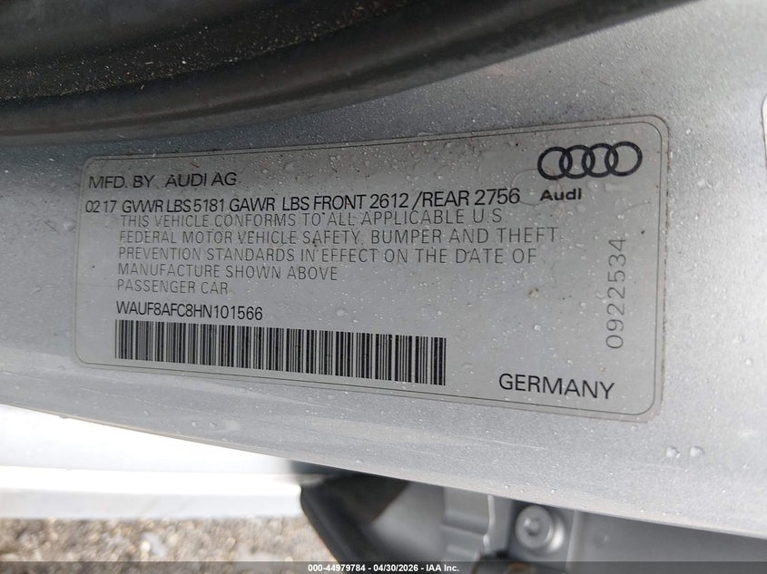 2017 Audi A6 VIN WAUF8AFC8HN101566 IAAI salvage auction — FRONT END, Salvage (Massachusetts), sold $25 on 2026-07-24 (photo 9)