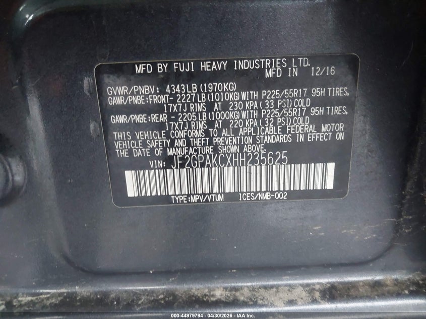 2017 Subaru Xv VIN JF2GPAKCXHH235625 IAAI salvage auction — REAR END, Salvage Title, sold $2,450 on 2026-07-23 (photo 9)