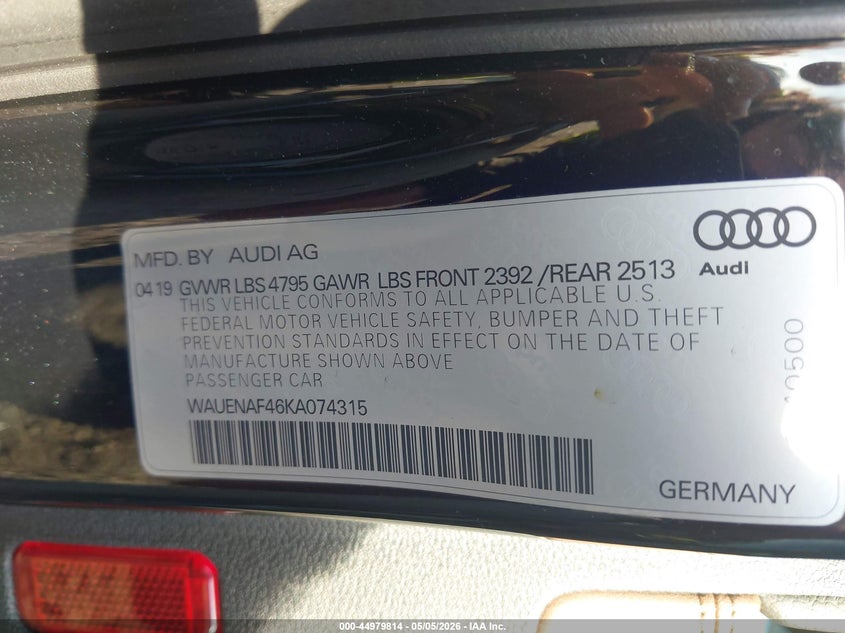 2019 Audi A4 VIN WAUENAF46KA074315 IAAI salvage auction — FRONT END, Mv-907A (New York), sold $6,200 on 2026-07-09 (photo 9)
