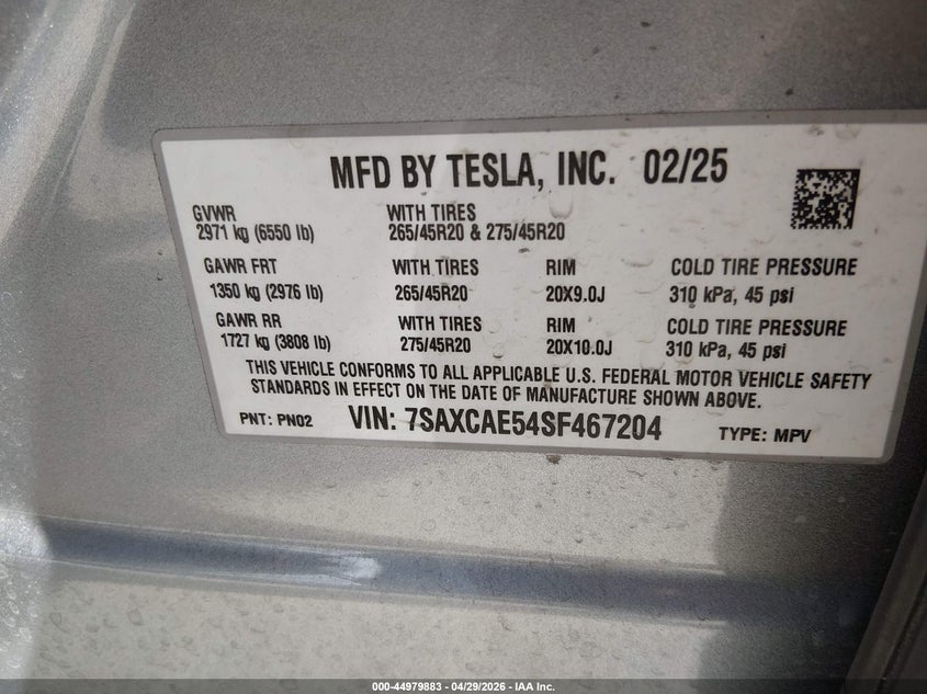 2025 Tesla Model x VIN 7SAXCAE54SF467204 IAAI salvage auction — RIGHT FRONT, Salvage Title, sold $8,600 on 2026-07-30 (photo 9)