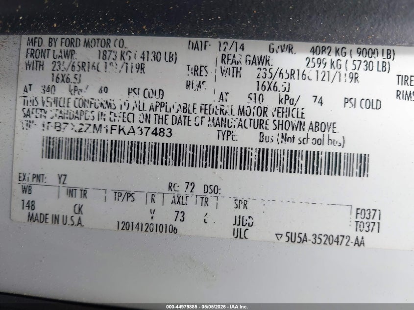 2015 Ford Transit VIN 1FBZX2ZM1FKA37483 IAAI salvage auction — FRONT END, Salvage Title, sold $2,400 on 2026-08-15 (photo 9)