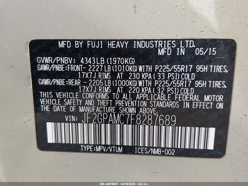 2015 Subaru Xv VIN JF2GPAMC7F8287689 IAAI salvage auction — RIGHT SIDE, Salvage (Illinois), sold $1,250 on 2026-07-07 (photo 9)