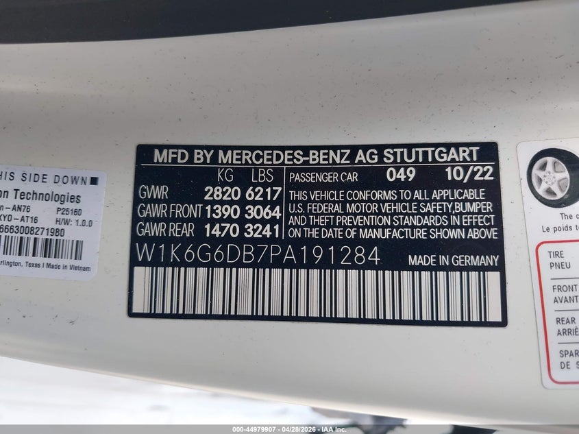 2023 Mercedes-benz S-klasse VIN W1K6G6DB7PA191284 IAAI salvage auction — LEFT SIDE, Salvage Title, sold $26,250 on 2026-07-23 (photo 9)