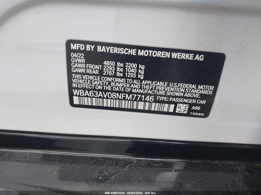 2022 BMW 4er VIN WBA63AV08NFM77146 IAAI salvage auction — FRONT END, Salvage (California), sold $16,050 on 2026-07-07 (photo 9)