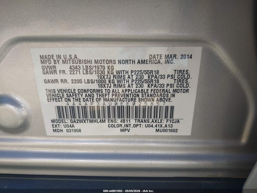 2014 Mitsubishi Outlander VIN 4A4AP3AU0EE025857 IAAI salvage auction — FRONT END, Wait Title, sold $1,100 on 2026-08-23 (photo 9)