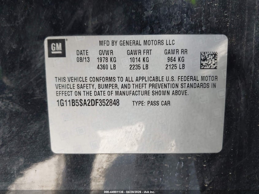 2013 Chevrolet Malibu VIN 1G11B5SA2DF352848 IAAI salvage auction — NORMAL WEAR, Salvage Title, sold $300 on 2026-07-09 (photo 9)