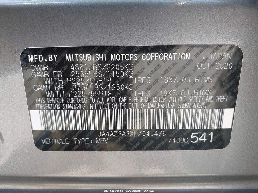 2020 Mitsubishi Outlander VIN JA4AZ3A3XLZ045476 IAAI salvage auction — ROLLOVER, Mv-907A (New York), sold $1,900 on 2026-07-16 (photo 9)