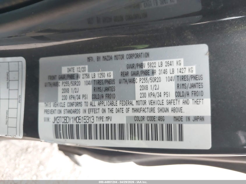 2021 Mazda Cx-9 VIN JM3TCBDY1M0515313 IAAI salvage auction — LEFT & RIGHT, Salvage Title, sold $4,150 on 2026-07-27 (photo 9)