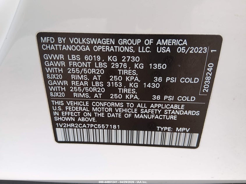 2023 Volkswagen Atlas VIN 1V2HR2CA7PC557181 IAAI salvage auction — RIGHT FRONT, Wait Title, sold $7,050 on 2026-07-18 (photo 9)