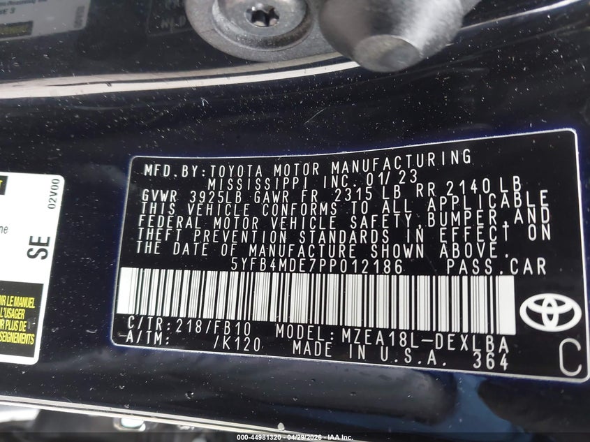 2023 Toyota Corolla VIN 5YFB4MDE7PP012186 IAAI salvage auction — LEFT SIDE, Salvage Title, sold $5,900 on 2026-07-28 (photo 9)