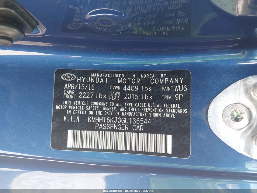 2016 Hyundai Genesis VIN KMHHT6KJ3GU136544 IAAI salvage auction — RIGHT FRONT, Rebuildable (Florida), sold $2,250 on 2026-07-29 (photo 9)