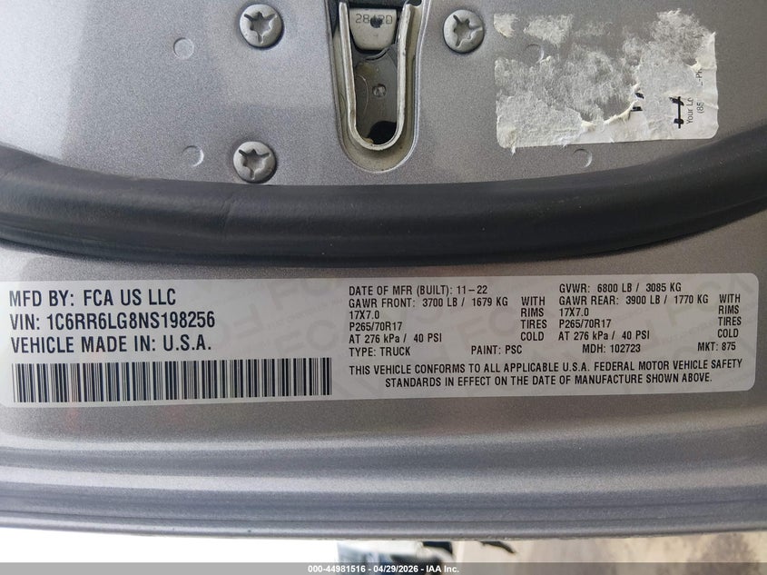 2022 Ram 1500 VIN 1C6RR6LG8NS198256 IAAI salvage auction — RIGHT FRONT, Salvage (Mississippi), sold $6,600 on 2026-08-12 (photo 9)