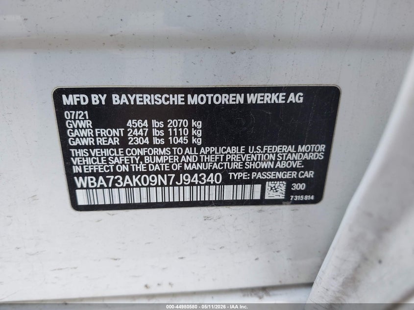2022 BMW 2er VIN WBA73AK09N7J94340 IAAI salvage auction — RIGHT FRONT, Salvage (Michigan), sold $3,450 on 2026-07-30 (photo 9)