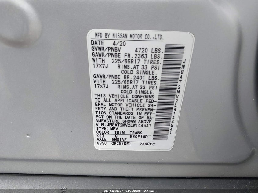 2020 Nissan Rogue VIN JN8AT2MV2LW144541 IAAI salvage auction — FRONT END, Salvage (Ohio), sold $4,150 on 2026-07-07 (photo 9)