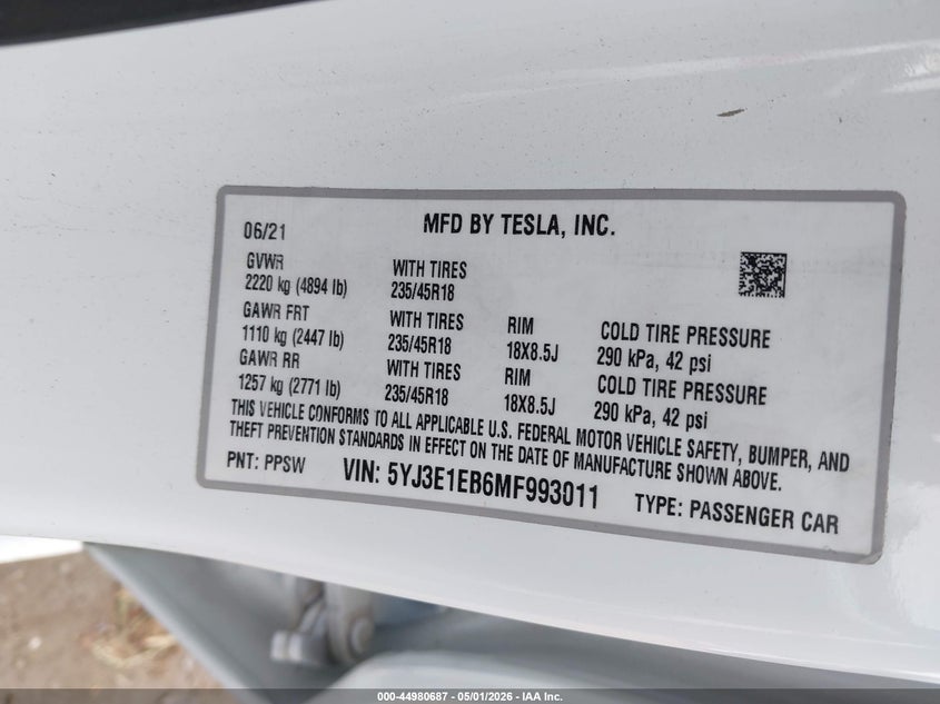 2021 Tesla Model 3 VIN 5YJ3E1EB6MF993011 IAAI salvage auction — MECHANICAL, Wait Title, sold $6,200 on 2026-07-26 (photo 9)