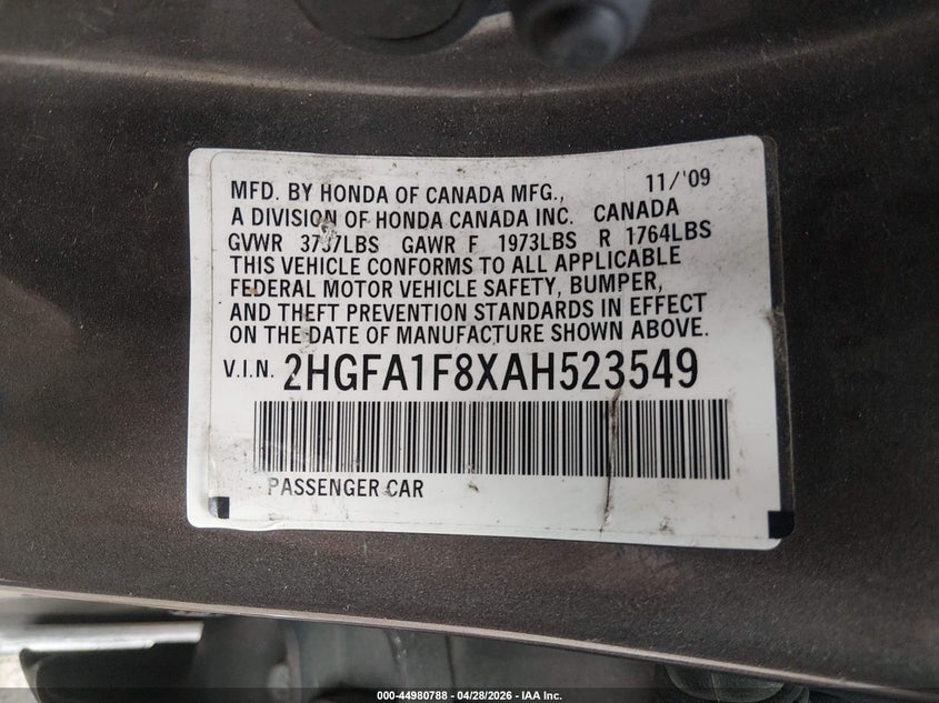2010 Honda Civic VIN 2HGFA1F8XAH523549 IAAI salvage auction — FRONT & REAR, Salvage (Idaho), sold $475 on 2026-07-31 (photo 9)